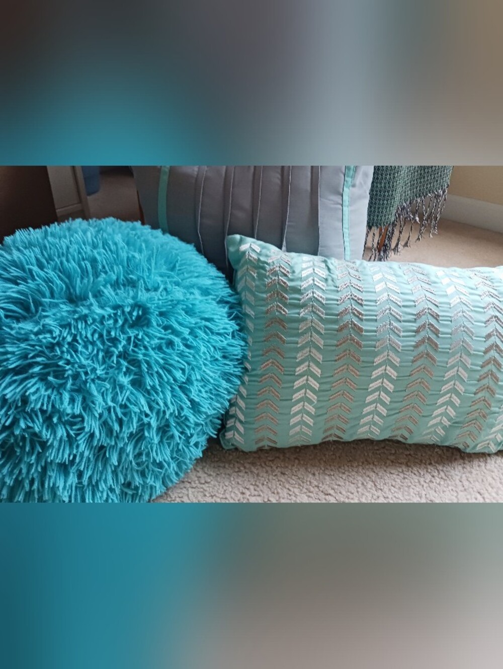 Set of 3 Turquoise & Gray/Silver Accent Pillows